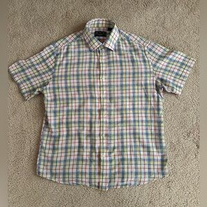 Charleston Threads Short Sleeve Button Down Shirt. Large, Linen/Cotton Blend.